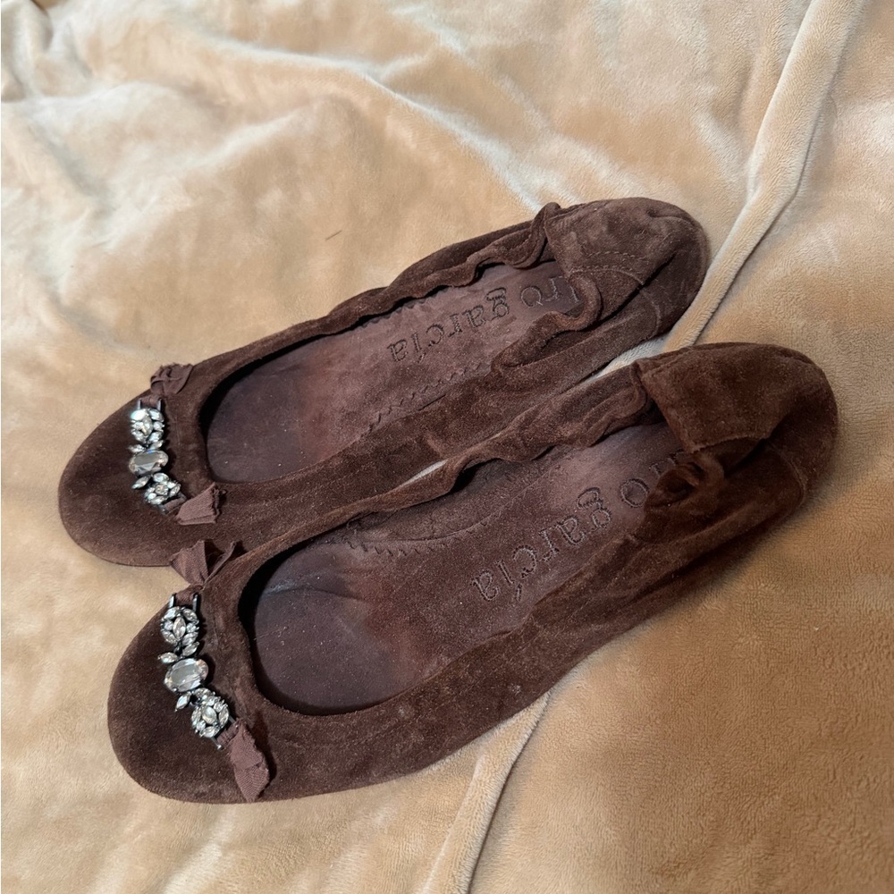 Pedro Garcia Brown Suede Women's Ballet Flats with Rhinestone Detail 38